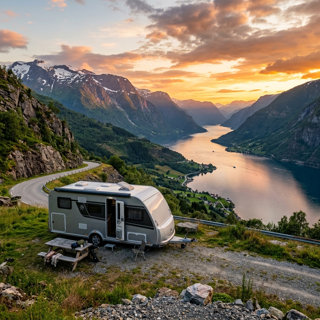 Campingvogn ved en norsk fjord